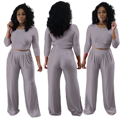 Autumn Casual Solid Plain Crop Top and Wide Pants Set