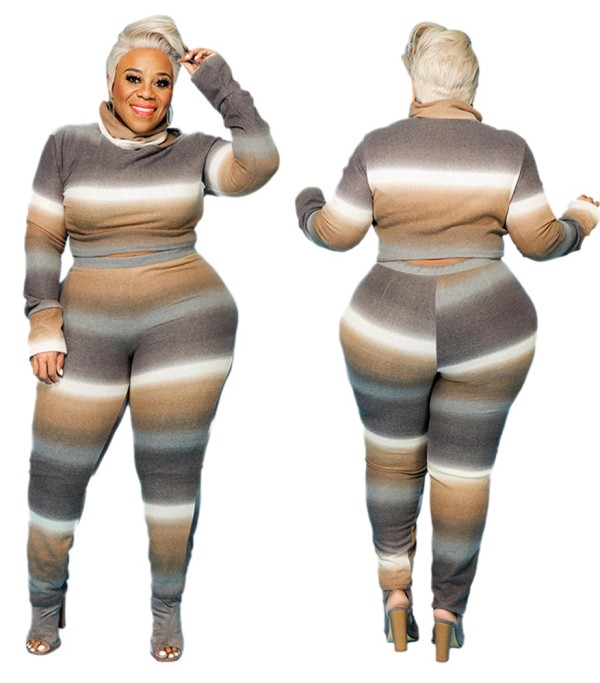 Plus Size Winter Casual Stripes Turtleneck Shirt and Pants Set