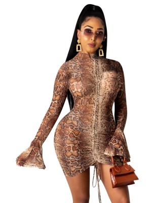 Autumn Party Leopard Print Sexy Ruched Mini Dress