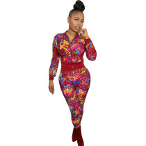 Autumn Casual Print Colorful Tight Jacket and Pants Set