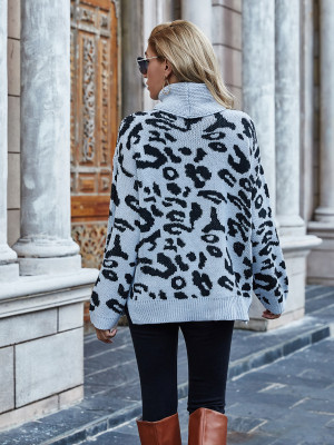 Winter Leopard Print Turtleneck Long Regular Sweater
