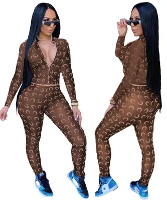 Autumn Print Two Piece Bodycon Zipped Top and Pants Set