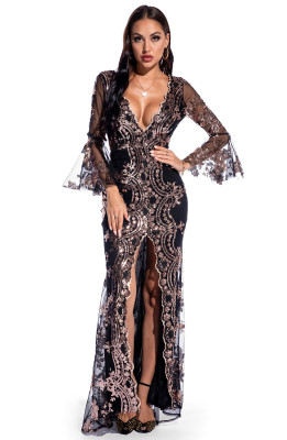 Autumn Occassional Sequin Front Slit V-Neck Long Dress with Wide Cuffs