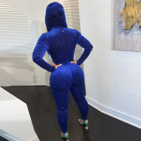 Autumn Party Blue Zip Up Hoody Bodycon Jumpsuit