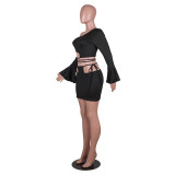 Autumn Party Sexy Black Cut Out One Shoulder Crop Top and Mini Skirt Set