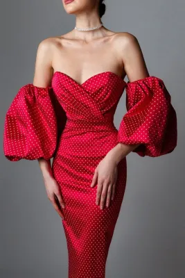 Autumn Occassional Puff Sleeve Strapless Polka Vintage Midi Dress