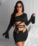 Autumn Party Sexy Black Cut Out One Shoulder Crop Top and Mini Skirt Set