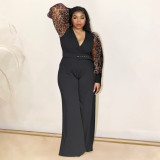 Autumn Party Formal Black Puff Sleeve V-Neck Jumpsuit with Belt