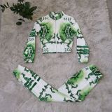 Autumn Casual Print Green Zipper Jacket and Pants Set