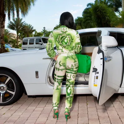 Autumn Casual Print Green Zipper Jacket and Pants Set