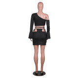 Autumn Party Sexy Black Cut Out One Shoulder Crop Top and Mini Skirt Set