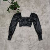 Winter Black Leather Puff Sleeve Vintage Zipper Crop Top