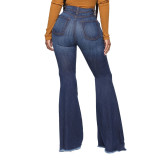 Winter Blue Washed High Waist Ripped Flare Jeans