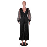 Autumn Party Formal Black Puff Sleeve V-Neck Jumpsuit with Belt
