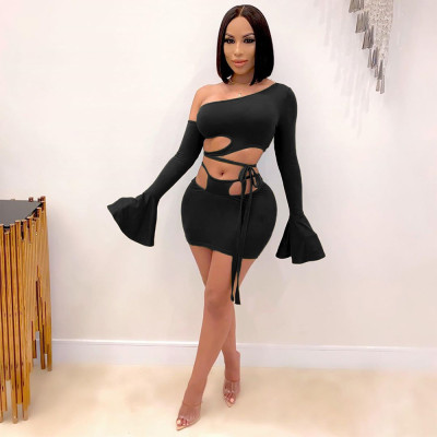 Autumn Party Sexy Black Cut Out One Shoulder Crop Top and Mini Skirt Set
