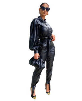 Winter Black Leather Formal Blouse and Pants Set