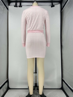 Autumn Casual Plaid Print Zipped Crop Top and Mini Skirt Set