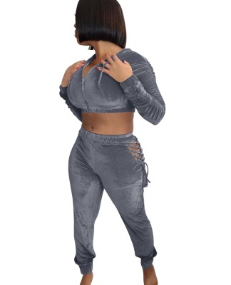 Autumn Velvet Hoody Crop Top and Lace Up Pants Set