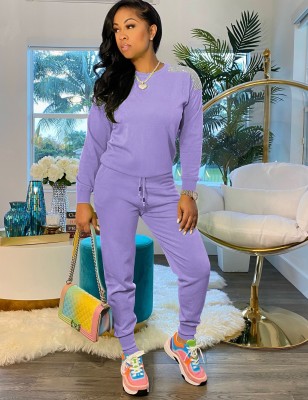 Autumn Casual Blank Beaded Shoulder O-Neck Sweat Suit