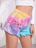 Summer Tie Dye Zip Up Tassel Denim Shorts