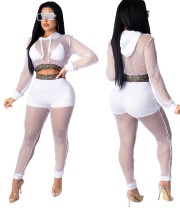 Autumn Party Sexy Fishnet Hoody Crop Top and Pants Set