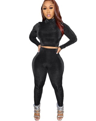 Autumn Party Sexy Two Piece Black Bodycon Crop Top and Pants Set