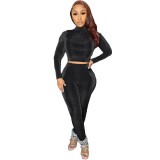 Autumn Party Sexy Two Piece Black Bodycon Crop Top and Pants Set