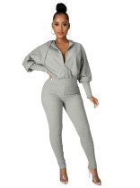 Winter Casual Solid Front Zipped Hoody Jumpsuit