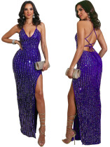 Occassional Sexy Backless Side Slit Halter Neck Sparkly Evening Dress