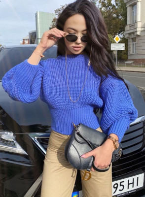 Winter Puff Sleeve O-Neck Pullover Short Sweater