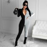 Autumn Party Sexy Front Zipped Contrast Bodycon Jumpsuit
