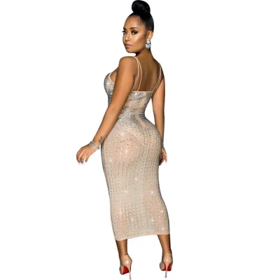 Summer Party Sexy Beaded Push Up Strap Midi Dress