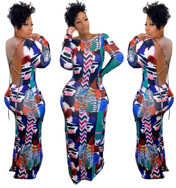 Autumn Sexy Open Back Print Africa Evening Dress