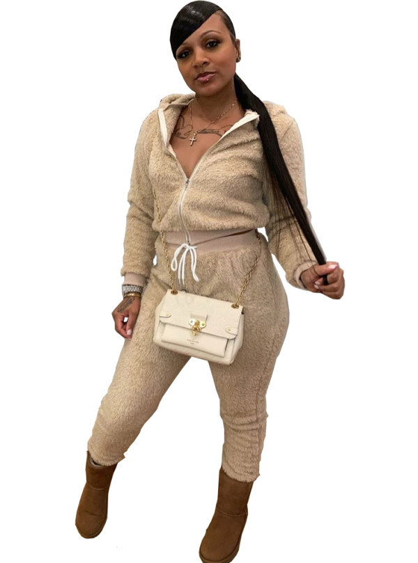 Winter Solid Plush Zipped Hoody Tracksuit