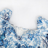 Autumn Vintage Floral Blue Puff Sleeve Mini Dress