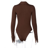 Autumn Solid Button Up Long Sleeve Collar Bodysuit