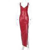 Autumn Leather Wide Strap Side Slit Long Formal Dress