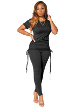 Summer Casual Solid Ruched Strings Shirt and Tight Pants Set