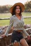 Autumn Leopard Print V-Neck Short Blouse with Wide Sleeves