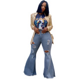 Winter Blue Washed Ripped High Waist Flare Jeans