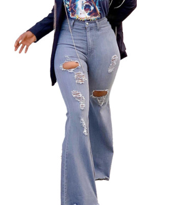 Winter Blue Washed Ripped High Waist Flare Jeans