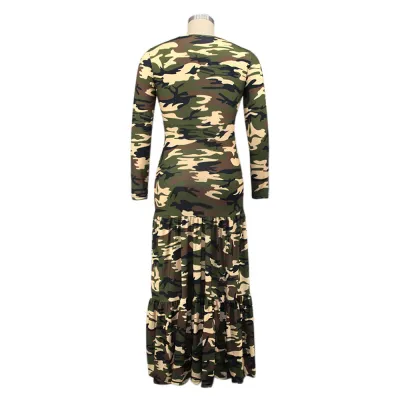Plus Size Autumn Camou O-Neck Long Maxi Dress