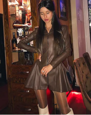 Winter Vintage Style Zipped Up Pleated Leather Dress