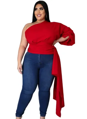 Plus Size Autumn One Shoulder Solid Fringe Party Top