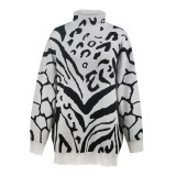 Winter Leopard Print Turtleneck Loose Long Sweater