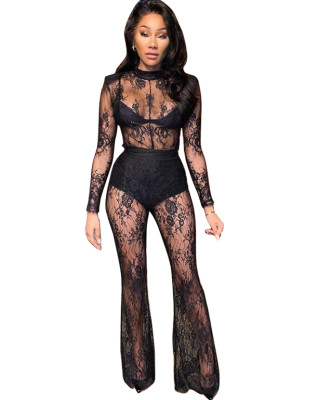 Autumn Sexy Black Lace See Through Party Jumpsuit