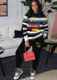 Winter Letter Print Stripes O-Neck Sweatsuit