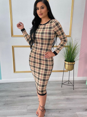 Autumn Plaid Print O-Neck Sexy Midi Dress