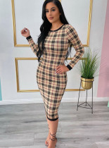 Autumn Plaid Print O-Neck Sexy Midi Dress