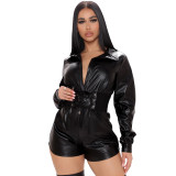 Winter Party Sexy Deep-V Leather Rompers with Belt
